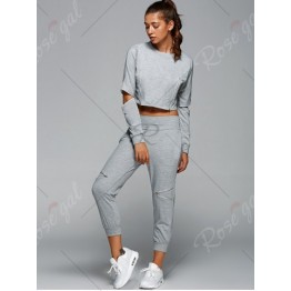 Long Sleeve Cropped T-Shirt and Side Zippers Design Harem Pants Outfits