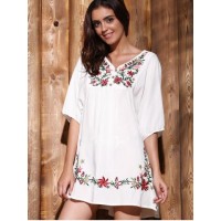 Ethnic Style V-Neck Embroidered Button Design Women's Dress